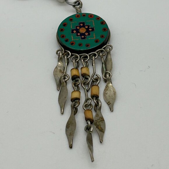 Vintage Southwestern Dangle Earrings Hand Painted Tribal Boho Geometric Fringe - Picture 4 of 13